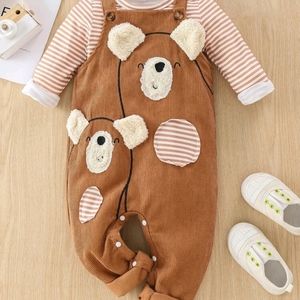 Baby Striped Print Tee & 3D Ear Cartoon Bear Pattern Overall Jumpsuit Set